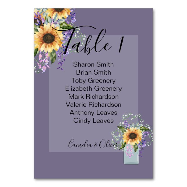 Table Number Card Sunflowers Purple Wisteria (Front)