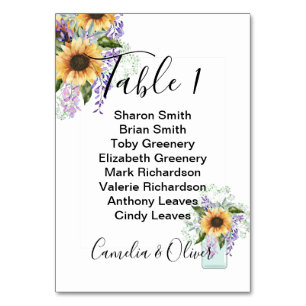 Table Number Card Sunflowers Purple Wisteria