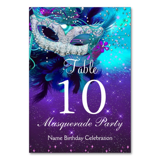 Table Number Card Teal Purple Feather Mask (Front)