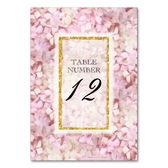 Table Number Card Wedding Pink Hydrangea Gold Faux