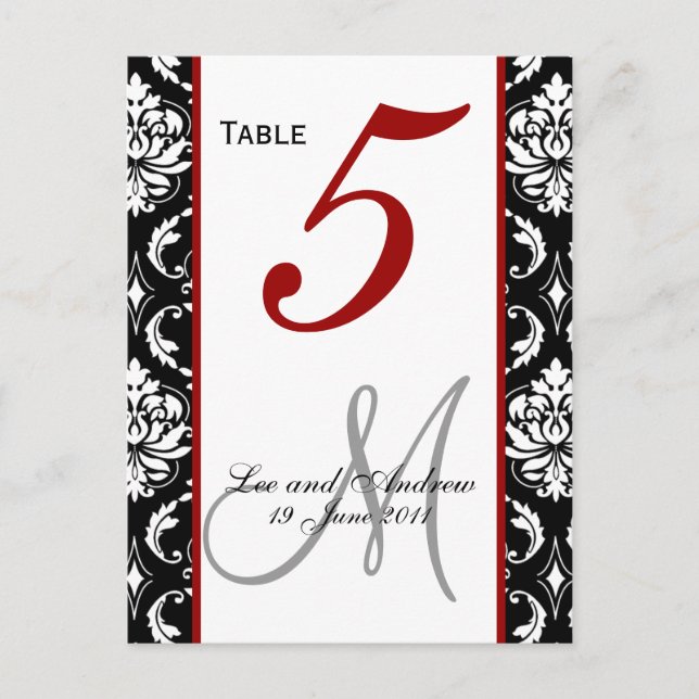 Table Number Cards Damask Red (Front)