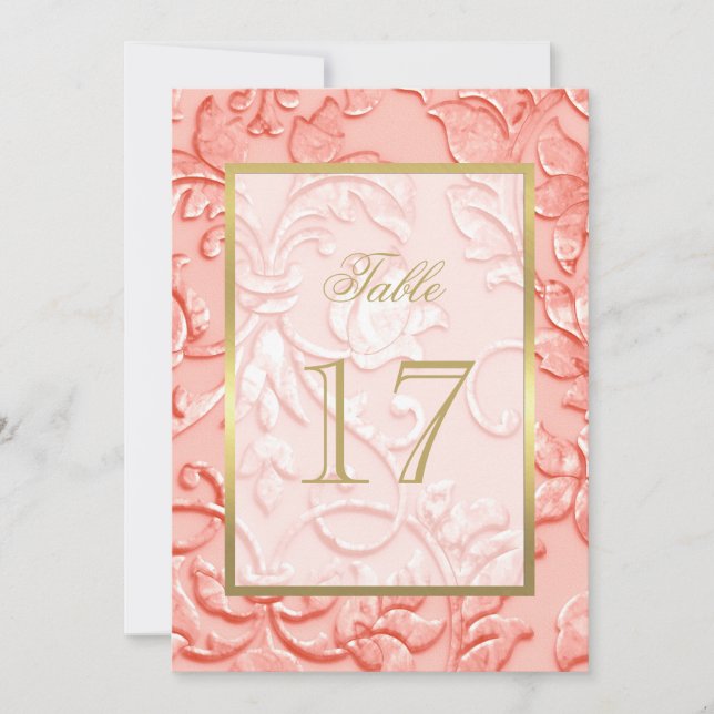Table Number Coral Pink Damask with Any Colour (Front)