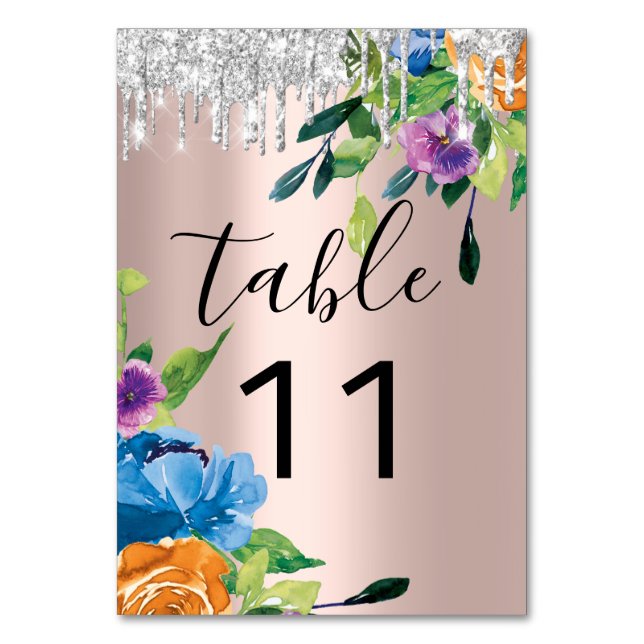 Table Number  Drips Silver Navy Rose Wedding (Front)