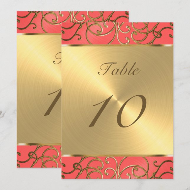 Table Number Elegant Coral and Gold Filigree (Front/Back)