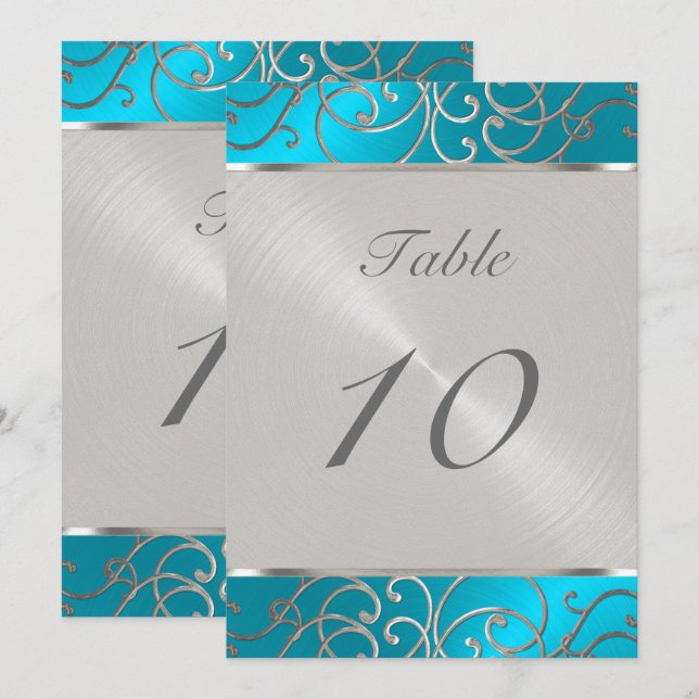 Table Number Elegant Turquoise Silver Filigree (Front/Back)