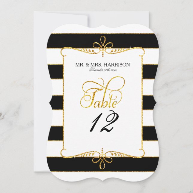 Table Number Names Striped Script Gold Glitter (Front)