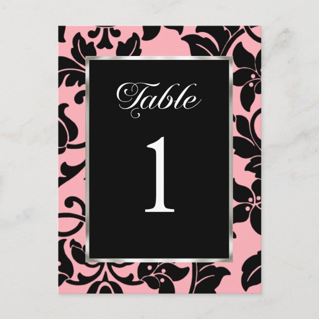 Table Number Pink and Black Damask Postcard (Front)