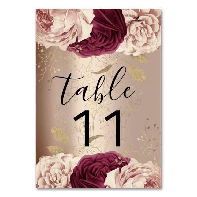 Table Number Pink Florals Rose Marsala Burgund (Front)