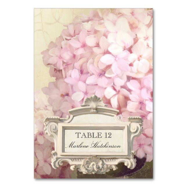 Table Number Place Card Parisian Pink Hydrangeas (Front)