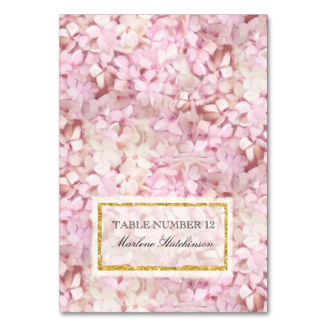 Table Number Place Card Pink Hydrangeas Gold Faux (Front)
