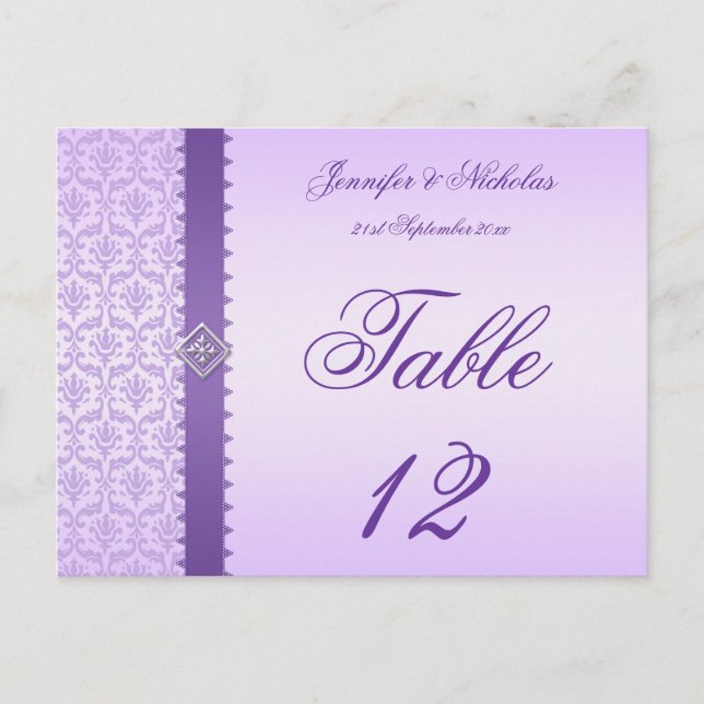 Table Number Postcard Lilac Damask & Ribbon (Front)