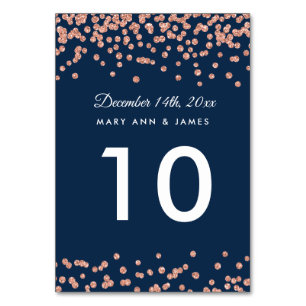 Table Number Rose Gold Faux Glitter Confetti Navy