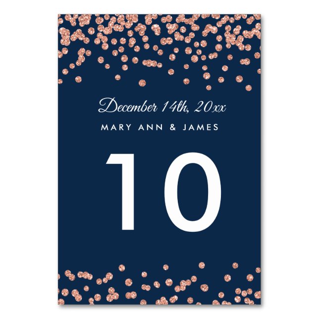 Table Number Rose Gold Faux Glitter Confetti Navy (Front)