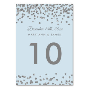 Table Number Silver Faux Glitter Confetti Ice Blue