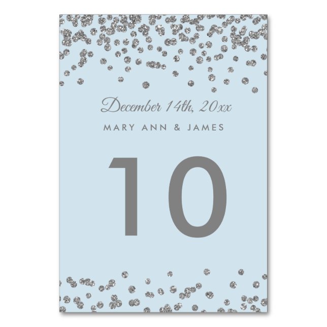 Table Number Silver Faux Glitter Confetti Ice Blue (Front)