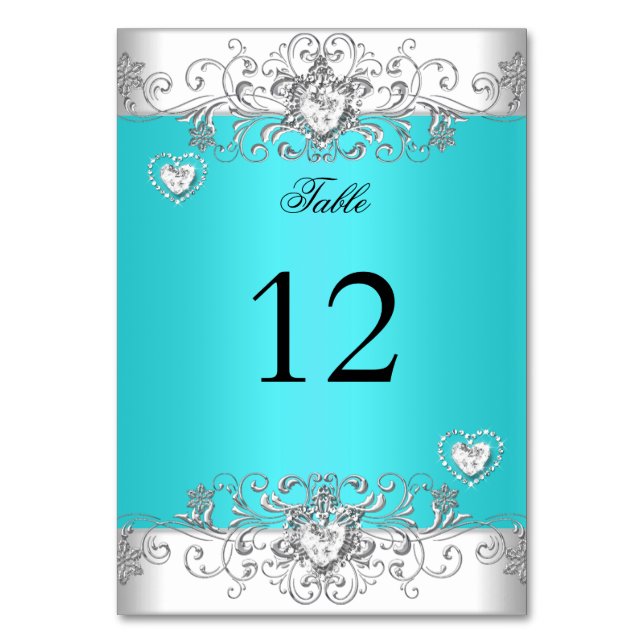 Table Number Teal Blue Wedding Silver Diamond (Front)