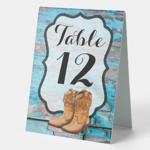 Table Number Tent Card Blue Wood Barn Door Boots