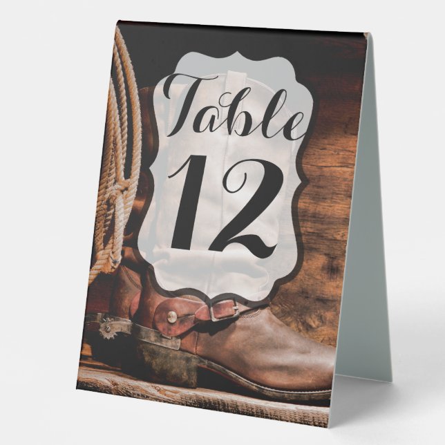 Table Number Tent Card Cowboy Boots Barn Wood Rust (Front)