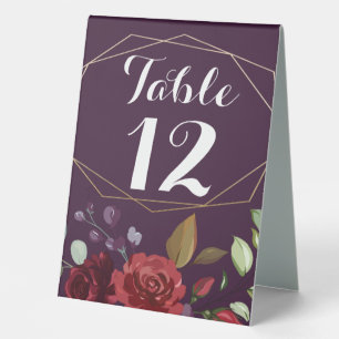 Table Number Tent Card Plum Purple Roses Gold Geom