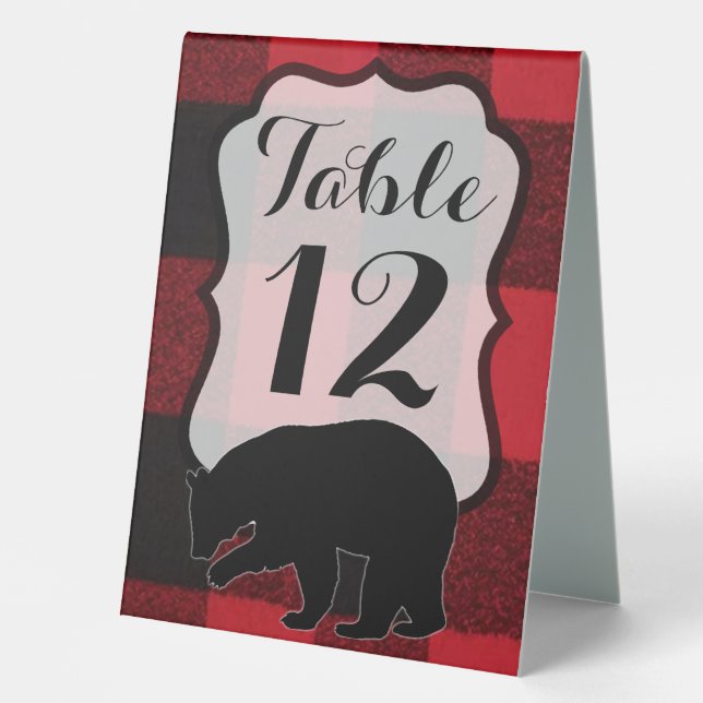 Table Number Tent Card Red Plaid Black Bear (Front)