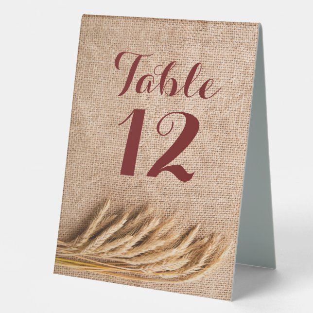 Table Number Tent Card Wheat on Burlap Sack Countr (Front)