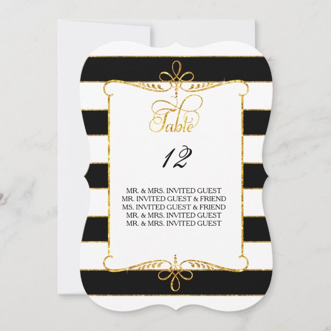 Table Number w Guest Names Gold Striped Script (Front)