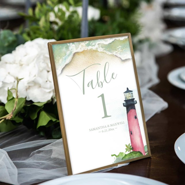 Table Number Watercolor Beach Wedding 4x6 Photo Print (Beach wedding table number features watercolor Jupiter lighthouse art by Victoria Grigaliunas )