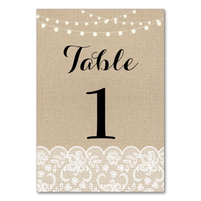 Table Number Wedding Rustic Burlap Lights Lace (Front)