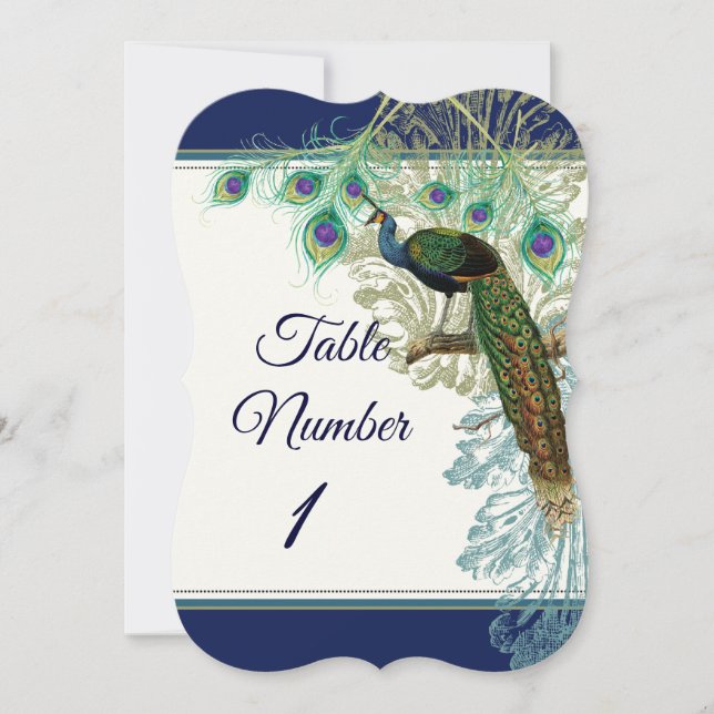 Table Number Wedding Vintage Peacock Feather Navy (Front)
