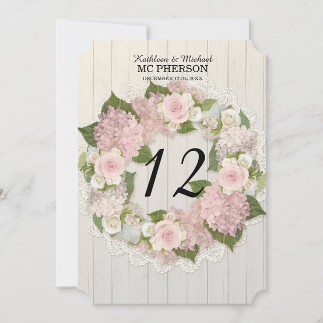 Table Numbers Pink Hydrangea Rose Lace Rustic Wood (Front)
