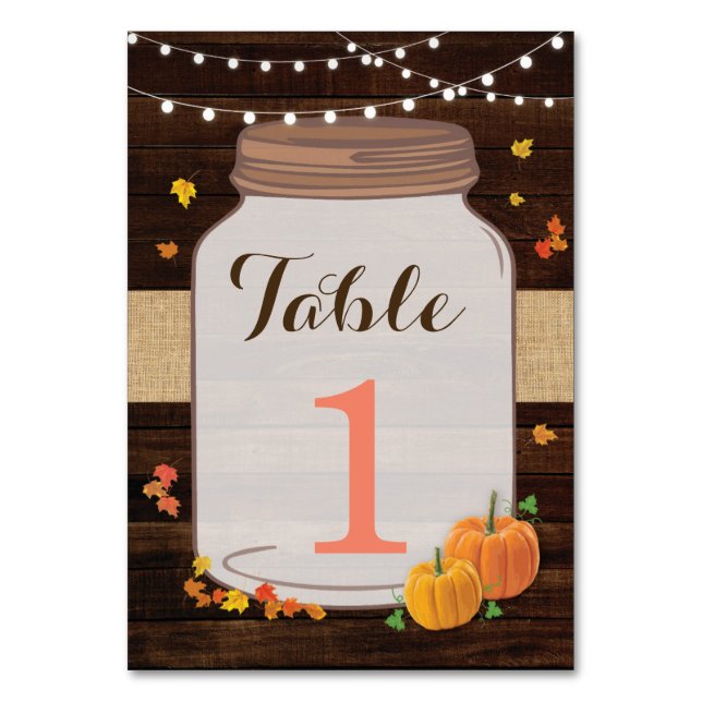 Table Numbers Wedding Rustic Jar Pumpkin Cards (Front)
