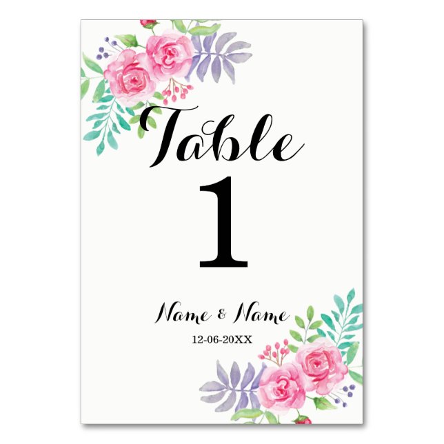 Table Numbers Wedding Watercolour Rose Flowers (Front)