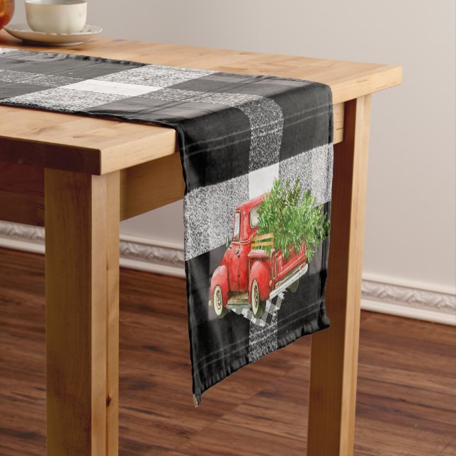 Table Runner XMAS Truck Baffalo Plaid Black White (In Situ)