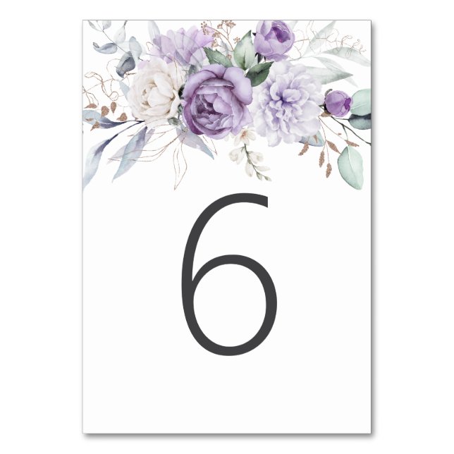 Table Six Watercolor Purple Floral Wedding Table Number (Front)