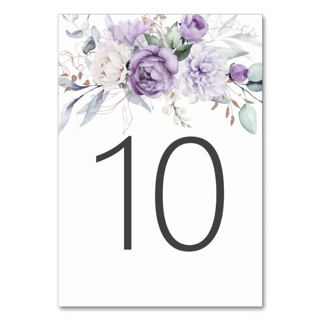 Table Ten Watercolor Purple Floral Wedding Number (Front)