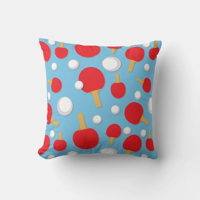 Table Tennis Bats and Balls Pattern on Light Blue Cushion (Front)