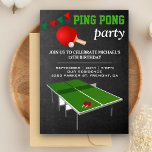 Table Tennis Ping Pong Birthday Party Invitation<br><div class="desc">Invite your guests with this cool birthday party invitation featuring a ping pong table and a red paddle against a chalkboard background. Simply add your event details on this easy-to-use template to make it a one-of-a-kind invitation. Flip the card over to reveal a green and white stripes pattern on the...</div>