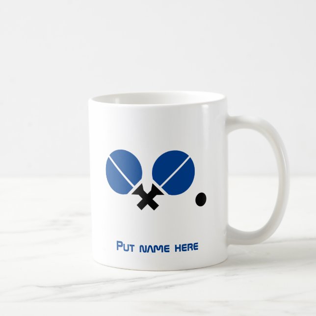 Table tennis ping-pong rackets and ball black blue coffee mug (Right)