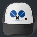 Table tennis ping-pong rackets and ball black blue trucker hat<br><div class="desc">Table tennis ping-pong rackets and ball black and blue trucker hat that showcases a minimalist pictogram icon of blue and black table tennis rackets and ball and your text on white background.</div>