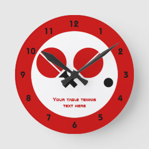 Table tennis ping-pong rackets and ball black, red round clock