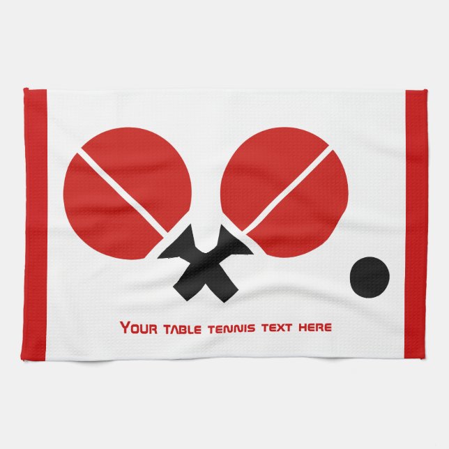 Table tennis ping-pong rackets and ball black, red tea towel (Horizontal)
