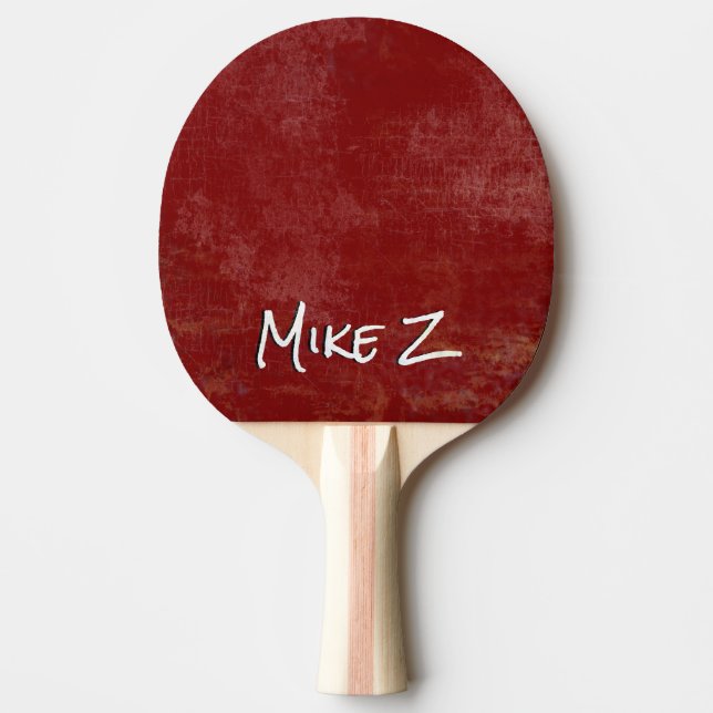 Table Tennis Player Name on Aged Red Ping Pong Paddle (Front)