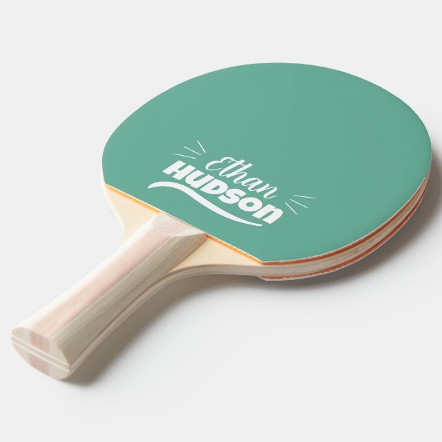 Table Tennis Player - White Name on Teal Blue Ping Pong Paddle (Front Angle)