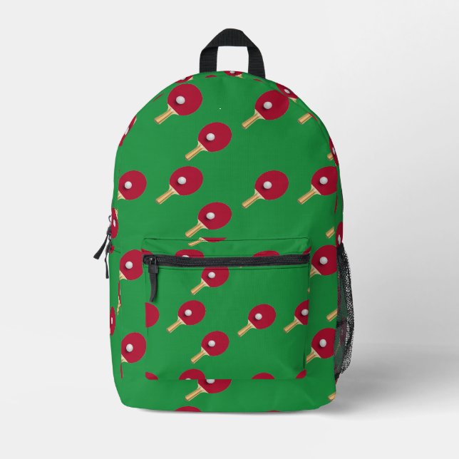 Table tennis racket and ball on green printed backpack (Front)