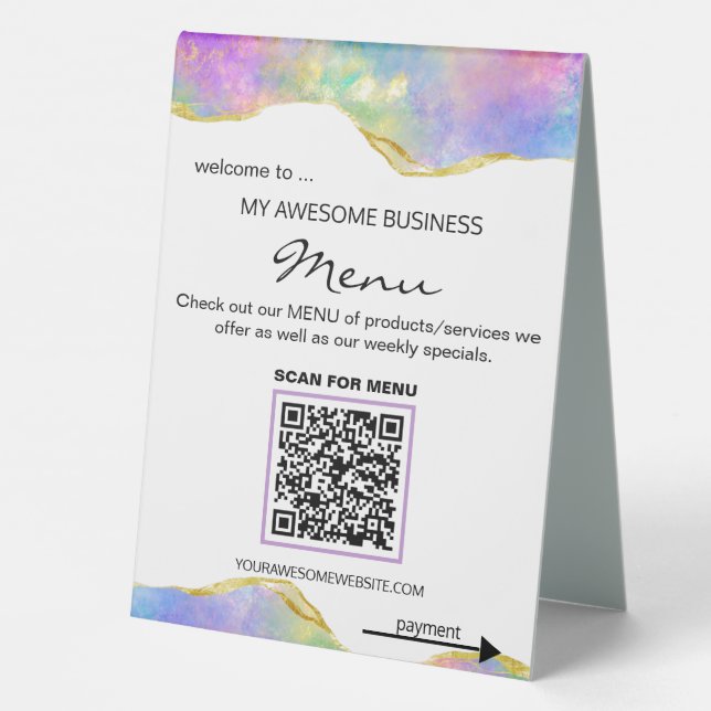 *~* Table Tent PAY + MENU QR Tabletop Opal Gold (Back)