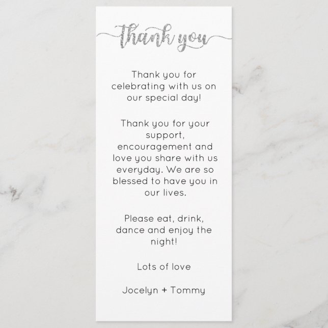 Table Thank You Card, Place Setting Card, Thank  Menu (Front)