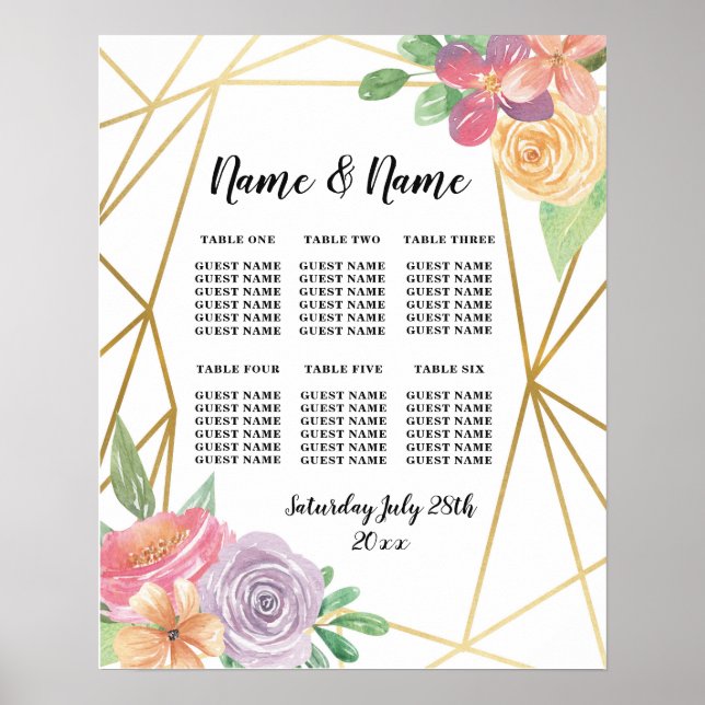 Table Wedding Floral Poster Seating Gold Frame (Front)