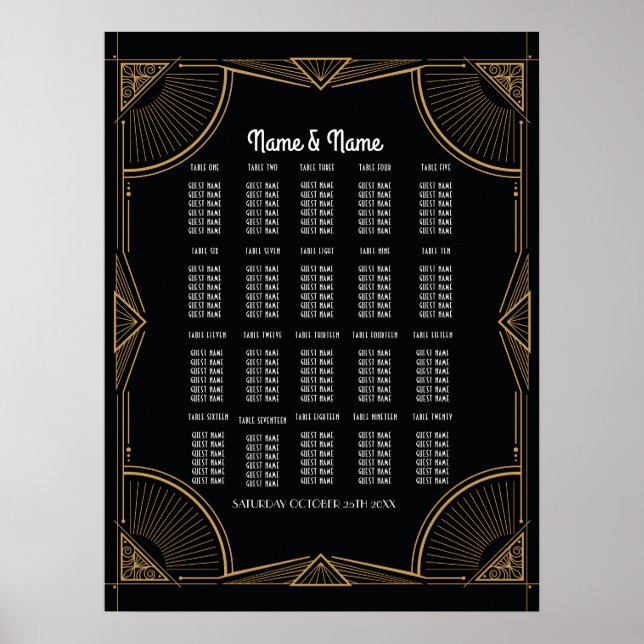Table Wedding Gatsby Art Deco Poster 20 Seating (Front)
