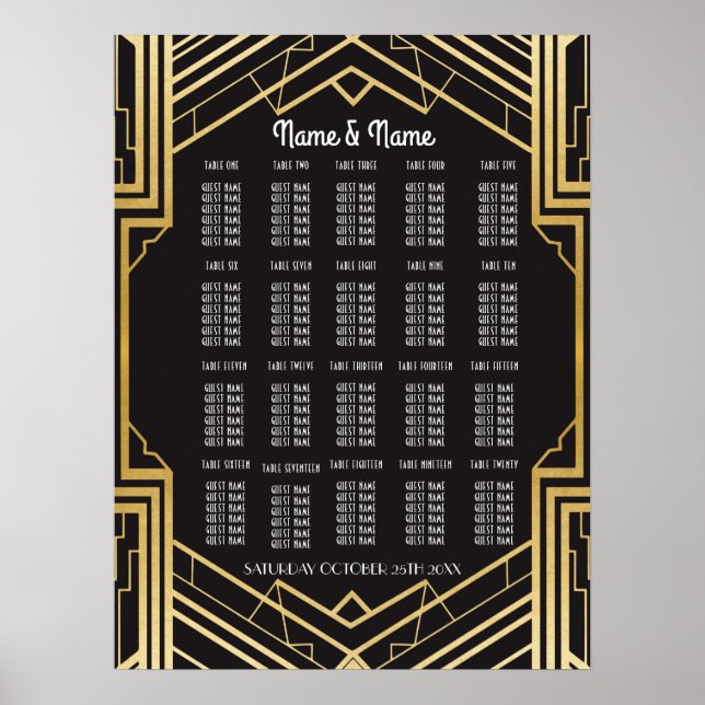 Table Wedding Gatsby Art Deco Poster 20 Seating (Front)