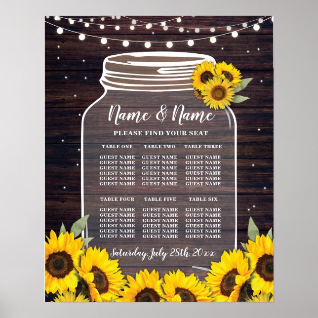 Table Wedding Poster Seating Sunflower Jar Wood (Front)